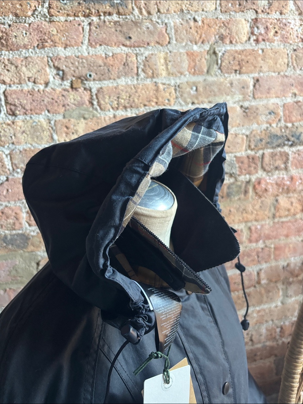 Barbour Navy Hooded Wax Jacket with Tartan Trim - Picture 6 of 6